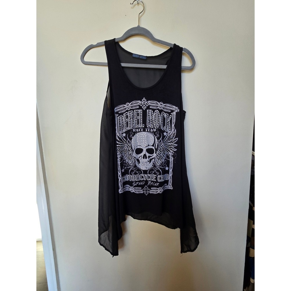 Voice of California Rebel Rock Skull Rhinestone Tank Top Black Mesh Sharkbite